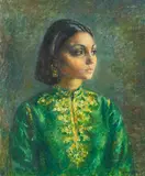 Untitled (Girl in Green Dress) by Clara Klinghoffer, 1965, oil on canvas, sold Jul 2021
