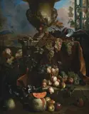 STILL LIFE OF FRUITS IN A LANDSCAPE, WITH DOGS, MONKEY AND PARROT, c.1710 by Alexandre-François Desportes, oil on canvas, sold Apr 2009