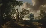YOUNG HUNTSMAN IN A WOODED LANDSCAPE WITH LAKE c.1625 by Jacob Gerritsz. Cuyp, oil on panel, offered Apr 2009