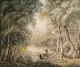 (AUSTRALIAN NATIVES ATTACKING EXPLORERS DURING FLINDERS’ CIRCUMNAVIGATION OF AUSTRALIA), c.1808-9 by William Westall, pencil and watercolour on paper, sold Apr 2009