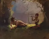 Faun And Nymph by Sydney Long, 1910, oil on canvas, offered Apr 2009