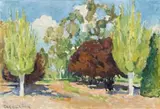 Poplars And Prunus, Canberra by Ethel Carrick, 1944, oil on canvas on board, offered Apr 2009