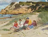 Figures On The Beach, Sorrento by Harold Septimus Power, c.1948, oil on canvas on board, sold Apr 2009