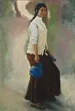 Woman With Blue Jug by Brian Dunlop, oil on canvas, offered Apr 2009