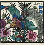 Bird Of Paradise by Margaret Preston, 1925, hand-coloured woodcut, sold Aug 2009