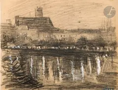 Moret-sur-Loing by Maximilien Luce, Fusain et rehauts de gouache blanche, sold Mar 2024