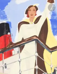 Élégante sur le pont du Normandie by Léon Benigni, 1935, Gouache sur traits de crayon, sold Mar 2024