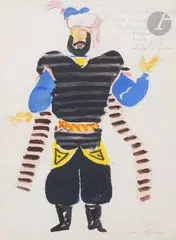 Officier - Projet de costume pour Shéhérazade de Jules Supervielle by Édouard Pignon, 1946, Gouache sur traits de crayon, sold Mar 2024