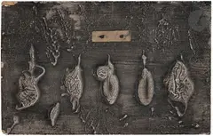 Les Yeux by Aiko Miyawaki, vers 1964, Technique mixte et collage sur panneau, sold Dec 2023