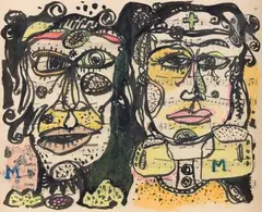 Deux visages by Michel Macréau, vers 1972, Encre et crayons gras sur partition, sold Dec 2023