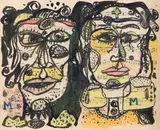 Deux visages by Michel Macréau, vers 1972, Encre et crayons gras sur partition, sold Dec 2023