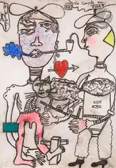 Le Couple au chat by Michel Macréau, 1982, Gouache sur papier, sold Dec 2023