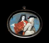 Couple d'aristocrates vénitiens, un homme de qualité portant une grande perruque à rouleaux, une cape rouge et un tricorne et une jeune femme de trois-quarts en by Rosalba Carriera, Gouache ovale sur ivoire (Au revers, un cloutage de motifs floraux et de rinceaux feuillag, sold Nov 2015
