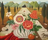 Nature morte surréaliste dans un paysage by André Duranton, Toile signée en bas à droite, sold Oct 2017