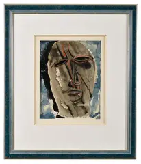Figure de femme vue de face, sur fond bleu by Henry de Waroquier, 1928, Gouache et aquarelle, sold Dec 2024