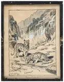 Deux tigres buvant by Georges Rötig, Lavis et gouache blanche, sold Nov 2024