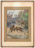 Le combat de cerfs by Georges Rötig, Aquarelle gouachée, sold Nov 2024