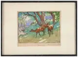 Cerfs et biches en forêt by Georges Rötig, Aquarelle gouachée, sold Nov 2024