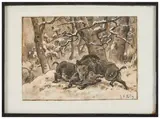 Le combat de sangliers by Georges Rötig, Lavis et gouache blanche, sold Nov 2024