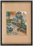 Horbe de sangliers en forêt en automne by Georges Rötig, Aquarelle, gouache et encre, sold Nov 2024
