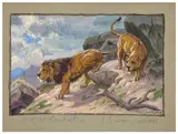 Lion et lionne dans les rochers by Georges Rötig, Gouache, sold Nov 2024