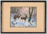 Cerf et biches dans un paysage enneigé by Georges Rötig, Gouache, sold Nov 2024