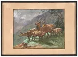Cerf et biches sous l'orage by Georges Rötig, Gouache, sold Nov 2024