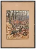 Compagnie de sangliers en forêt en automne by Georges Rötig, Gouache, sold Nov 2024
