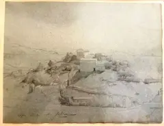 Temple sur la colline by Jean François Armand Bernard, Mine de plomb et rehauts de gouache sur papier bleu, sold Oct 2026