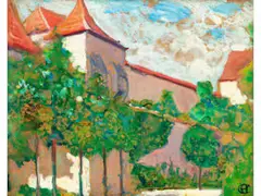 Sommertag mit Festungsarchitektur by Hans Christiansen, oil on board, sold Apr 2020