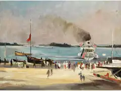 Dampfer an Landestelle in Oestrich/ Rheingau by Richard Gessner, oil on canvas, sold Dec 2024
