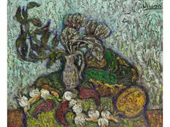 Stillleben mit Krug, Knoblauch und Paprika by Manuel Viusa, mixed media, offered Jun 2026