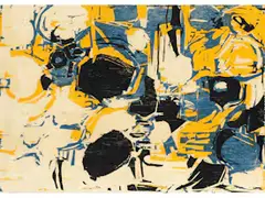 Ohne Titel (gelb-blau-schwarz) by Heinz Kreutz, color woodcut, offered Jun 2026
