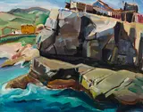 Fishing Stages, Flat Rock, NL by Kathleen Frances Daly, 1951, oil on canvas board, sold Jul 2021