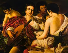 After Caravaggio "The Musicians" by David Bierk, oil on canvas, sold Jul 2021