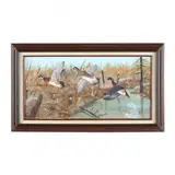 Wood Ducks in Flight by Duane Raver Jr., Acrylic on canvas, sold May 2024