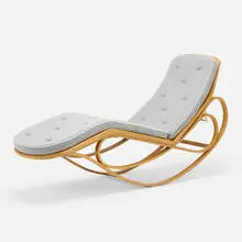 Adjustable rocking chaise by Edward Wormley, 1961, ash, cane, mohair, brass, sold Oct 2022