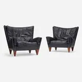 Pyramid lounge chairs model V11, pair by Illum Wikkelsø, c. 1965, leather, rosewood, sold Oct 2022