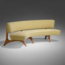 Floating Seat and Back sofa by Vladimir Kagan, c. 1952, upholstery, lacquered walnut, sold Oct 2022
