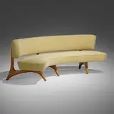 Floating Seat and Back sofa by Vladimir Kagan, c. 1952, upholstery, lacquered walnut, sold Oct 2022