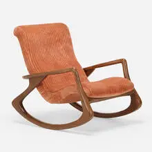 Sculpted rocking chair by Vladimir Kagan, walnut, upholstery, sold Oct 2022