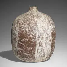 Chel vessel by Claude Conover, 1976, glazed stoneware with engobe decoration, sold Oct 2022