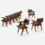 Armchairs from Chadigarh, set of eight by Pierre Jeanneret, c. 1960, teak, leather, sold Oct 2022