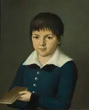 Zugeschrieben Portrait eines Knaben in blauem Wams, ein Buch in der Linken haltend by Barbara Babette Bansi, oil on canvas, sold Dec 2018
