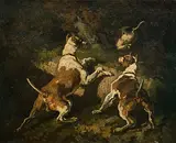 Jagdhunde bei einem Fuchsbau by Auguste Bachelin, oil on paper, sold Dec 2018