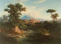 Blick auf eine befestigte Kleinstadt im nördlichen Latium, 1862 by Johann Jakob Frey, oil on canvas, sold Dec 2018