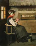 Interieur mit strickender Frau in der Tracht des Val d'Hérens und Kleinkind in Wiege by Alfred Dumont, oil on paper, sold Dec 2018