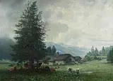 Effet de pluie en Juillet à l'entrée de la Corbatière vallée de la Sagne Jura Neuchâtelois", 1905 by Édouard Jeanmaire, oil on canvas, sold Dec 2018