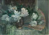 Stillleben mit Pfingstrosen und Fächer by Louise Catherine Breslau, oil on board, sold Dec 2018