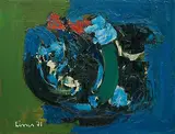 Komposition Blau Grün Schwarz, 1971 by Carl Walter Liner, oil on board, offered Dec 2018